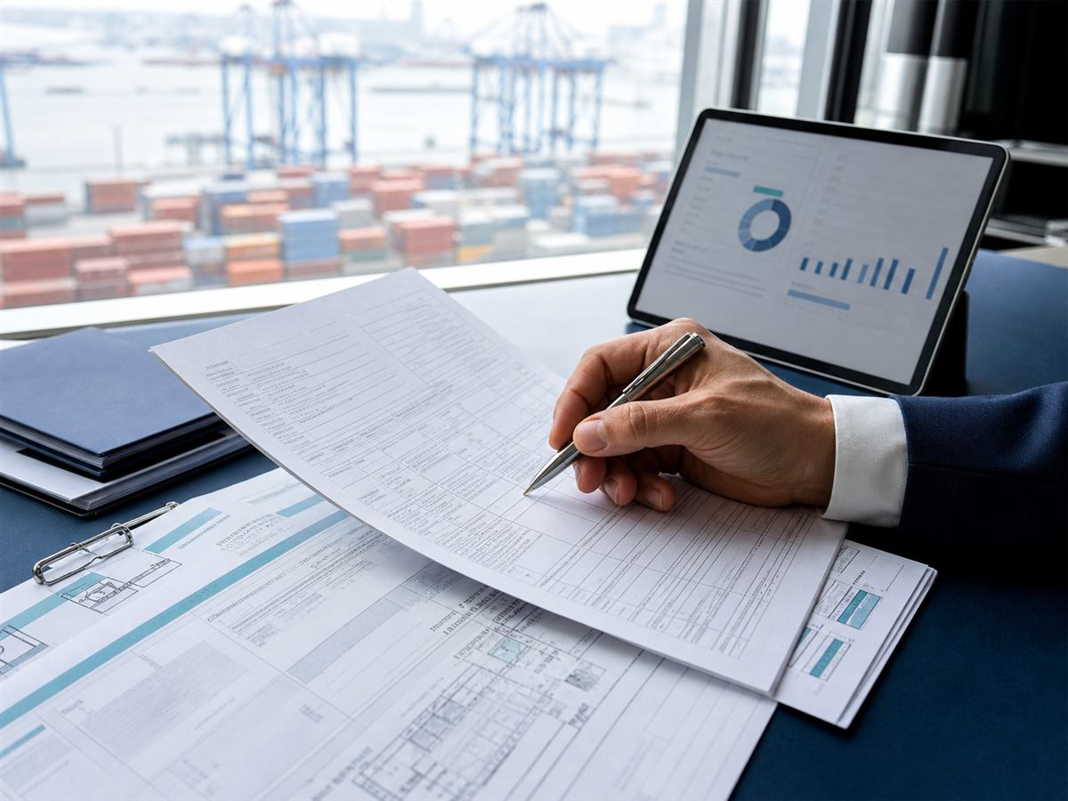 Customs documents reviewed beside a cargo terminal